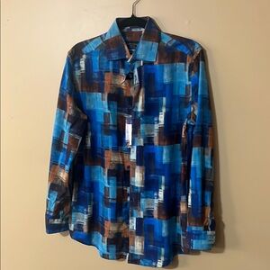 Blue and Brown Geometric Dress Shirt with Modern Mosaic Design